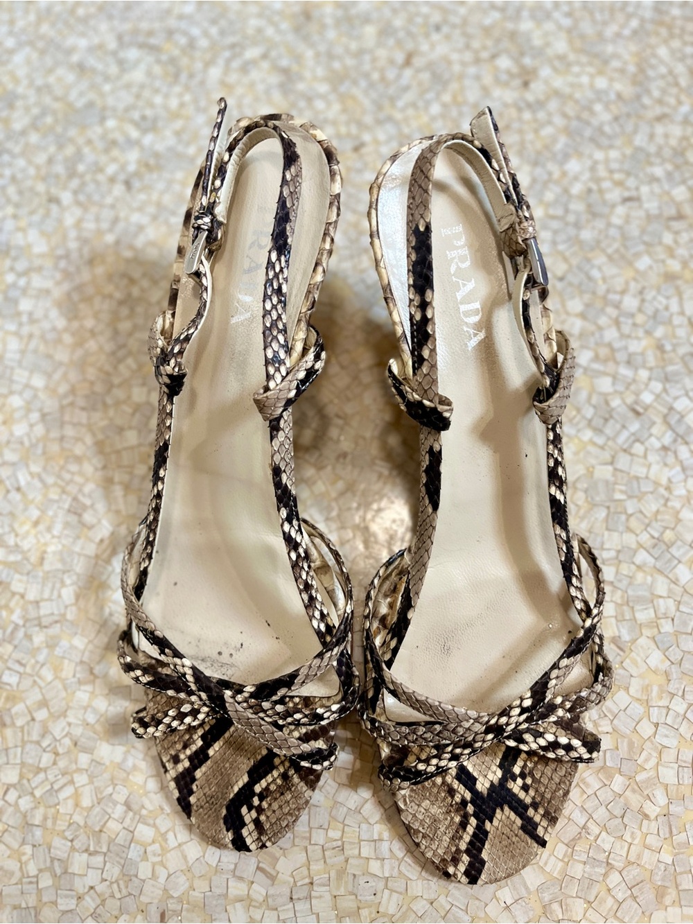 Prada Beige and Black Snake-Print Slingback Heels